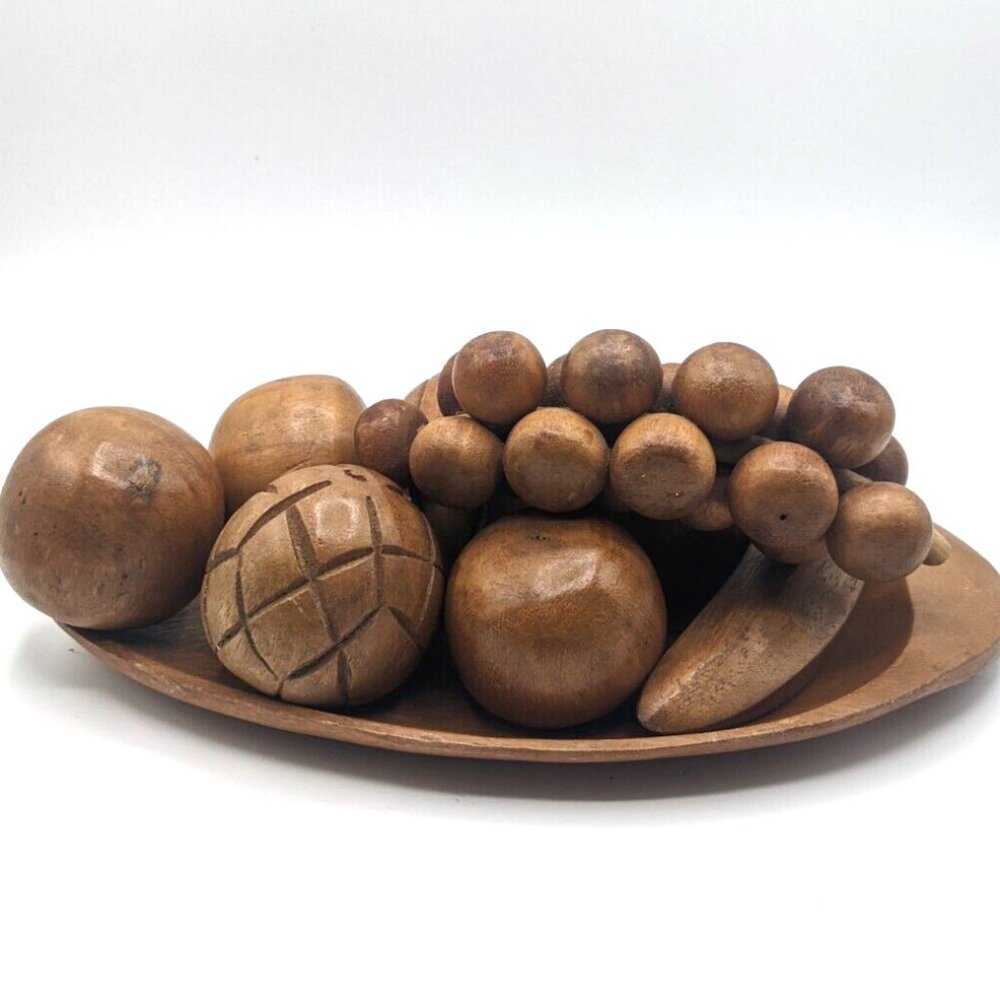 Leilani Vtg Monkeypod Tray Basket of Wooden Carved Fruit 9 Piece Set Life Sized